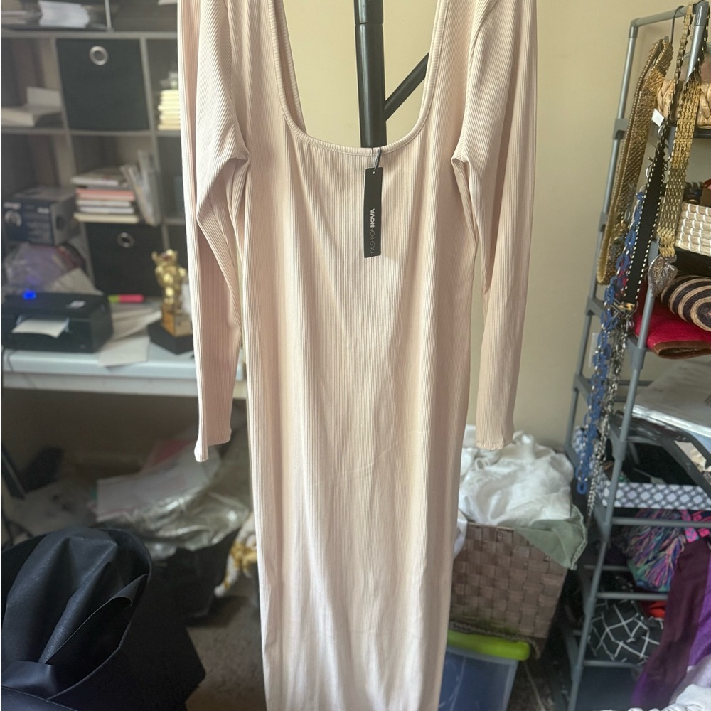 Fashion Nova Tan long sleeved Bodycon Maxi Dress